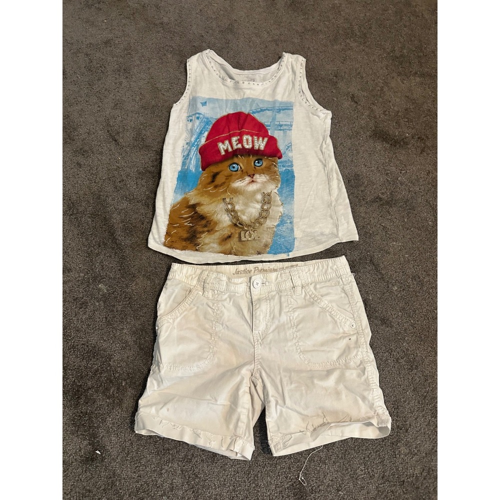 Justice Girls White Cat Graphic Tank Top and Cargo Shorts Set Size 14R